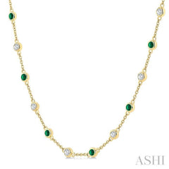 2.40 MM Round Shape Emerald and 7/8 Ctw Round Cut Diamond Precious Station Necklace in 14K Yellow Gold