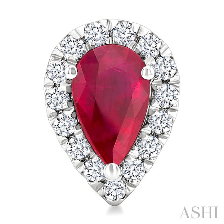 6x4 MM Pear Shape Ruby and 1/4 Ctw Round Cut Diamond Halo Precious Stud Earrings in 14K White Gold