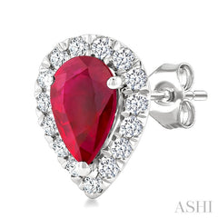 6x4 MM Pear Shape Ruby and 1/4 Ctw Round Cut Diamond Halo Precious Stud Earrings in 14K White Gold