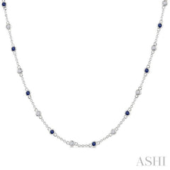 1.90MM Sapphire and 1/2 Ctw Round Cut Diamond Precious Station Necklace in 14K White Gold