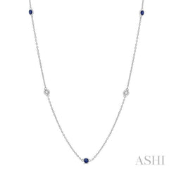 1.75 MM Sapphire and 1/6 Ctw Round Cut Diamond Precious Station Necklace in 14K White Gold