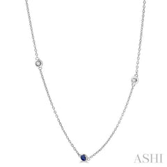 1.75 MM Sapphire and 1/6 Ctw Round Cut Diamond Precious Station Necklace in 14K White Gold