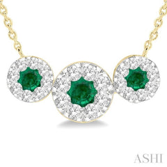 3.80 MM & 3 MM Round Shape Emerald and 5/8 Ctw Round Cut Diamond Past Present & Future Precious Lovebright Necklace in 14K Yellow and White Gold