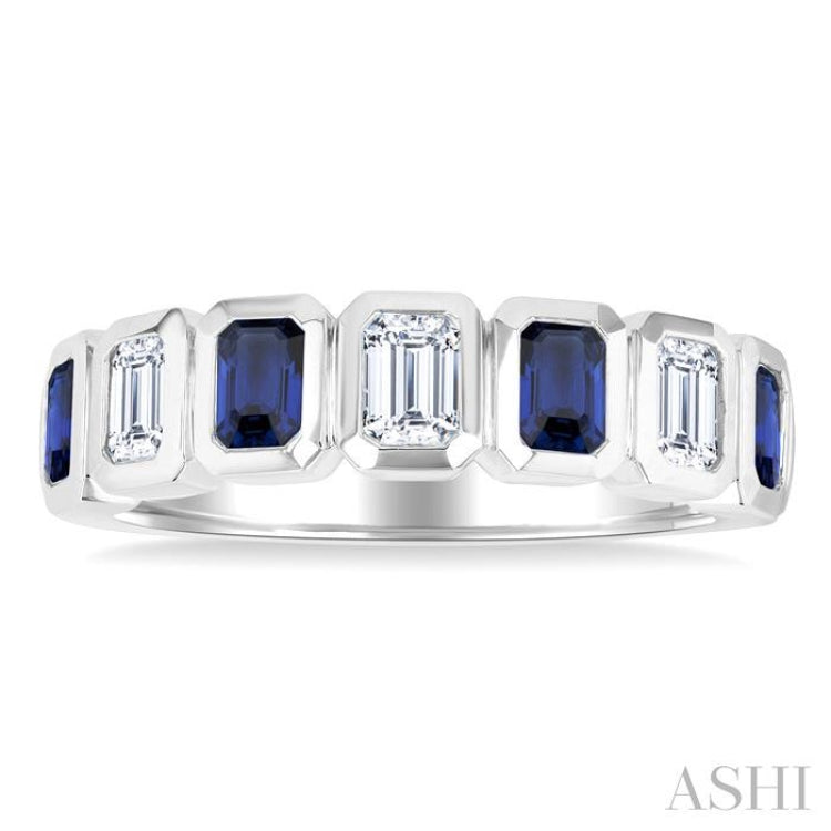 4X3 MM Octagon Shape Sapphire and 5/8 Ctw Emerald Cut Diamond 7 Stone Bezel Set Precious Fashion Band in 14K White Gold
