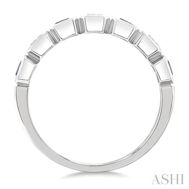 4X3 MM Octagon Shape Sapphire and 5/8 Ctw Emerald Cut Diamond 7 Stone Bezel Set Precious Fashion Band in 14K White Gold
