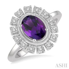8x6 MM Oval Shape Amethyst and 1/10 Ctw Lattice Round Cut Diamond Semi-Precious Ring in 10K White Gold