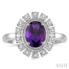 8x6 MM Oval Shape Amethyst and 1/10 Ctw Lattice Round Cut Diamond Semi-Precious Ring in 10K White Gold