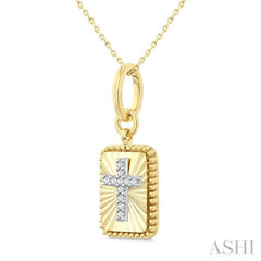1/20 Ctw Latin Cross Round Cut Diamond Rectangular Fluted Medallion Fashion Pendant With Chain in 10K Yellow and White Gold