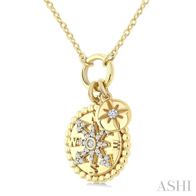 1/6 Ctw Medallion Compass Charm Round Cut Diamond Fashion Pendant With Chain in 10K Yellow Gold