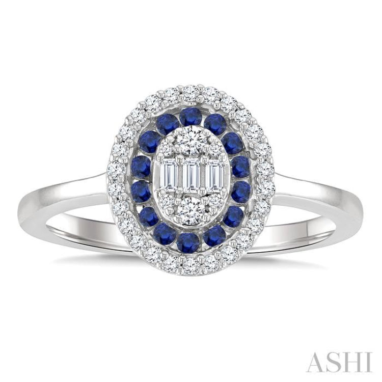 1/4 Ctw Oval Shape 1.35MM Round Cut Sapphire, Baguette and Round Cut Diamond Precious Fusion Fashion Ring in 14K White Gold