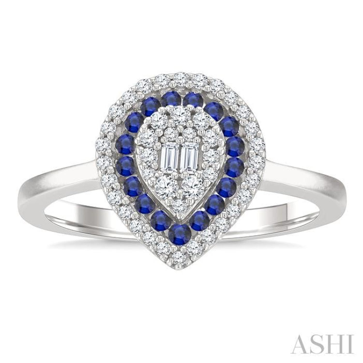 1/4 Ctw Pear Shape 1.25MM & 1.45MM Round Cut Sapphire, Baguette and Round Cut Diamond Precious Fusion Ring in 14K White Gold