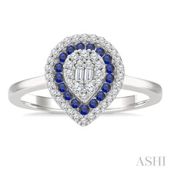1/4 Ctw Pear Shape 1.25MM & 1.45MM Round Cut Sapphire, Baguette and Round Cut Diamond Precious Fusion Ring in 14K White Gold