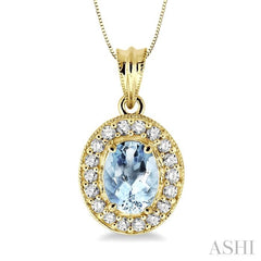 8x6 MM Oval Cut Aquamarine and 1/3 Ctw Round Cut Diamond Pendant in 14K Yellow Gold with Chain