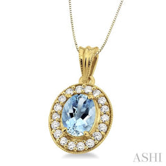 8x6 MM Oval Cut Aquamarine and 1/3 Ctw Round Cut Diamond Pendant in 14K Yellow Gold with Chain