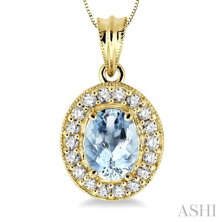 8x6 MM Oval Cut Aquamarine and 1/3 Ctw Round Cut Diamond Pendant in 14K Yellow Gold with Chain
