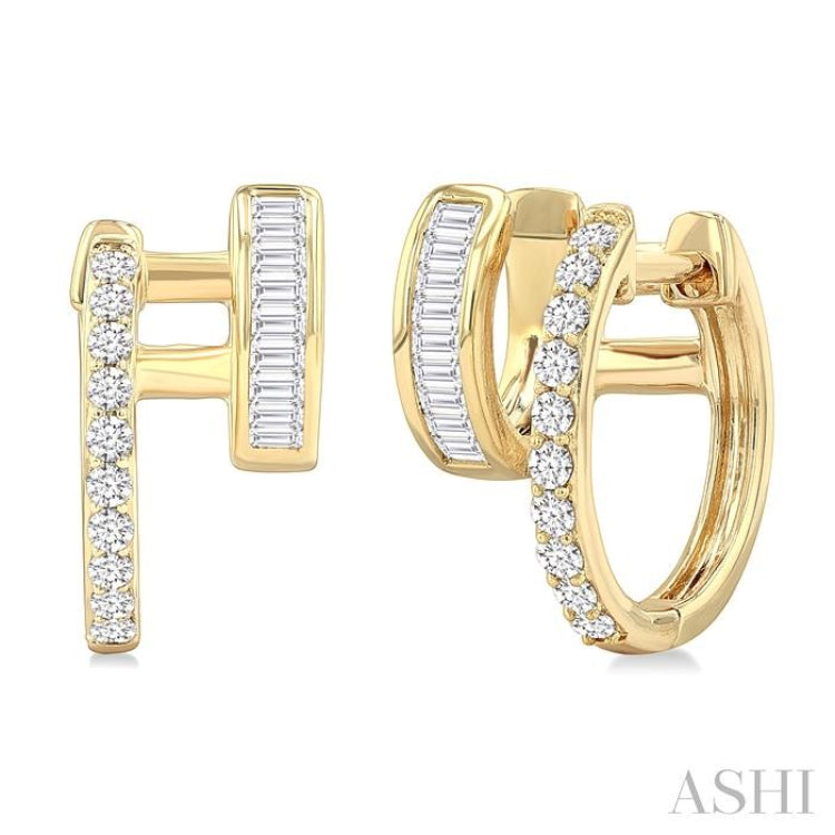 1/2 Ctw Petite Double Hoop Baguette and Round Cut Diamond Fashion Huggies in 14K Yellow Gold