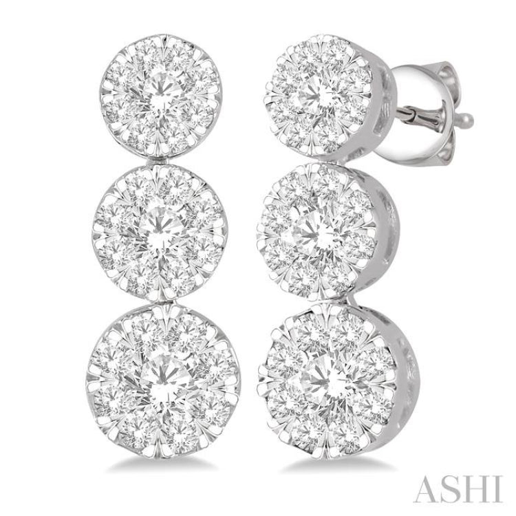 1 Ctw Hanging Triple Mount Lovebright Round Cut Diamond Earring in 14K White Gold