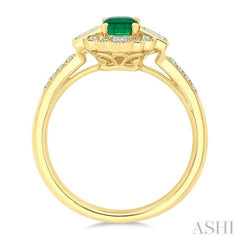 1/3 Ctw Art Deco 6X4MM Emerald, Baguette and Round Cut Diamond Precious Fashion Ring in 14K Yellow Gold