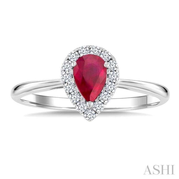 6x4 MM Pear Shape Ruby and 1/6 Ctw Round Cut Diamond Halo Precious Ring in 14K White Gold