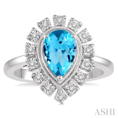 9x6 MM Pear Shape Blue Topaz and 1/10 Ctw Lattice Round Cut Diamond Semi-Precious Ring in 10K White Gold