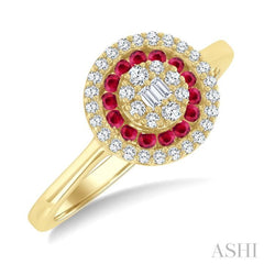 1/4 Ctw Circular Shape 1.35MM Round Cut Ruby, Baguette and Round Cut Diamond Precious Fusion Ring in 14K Yellow Gold