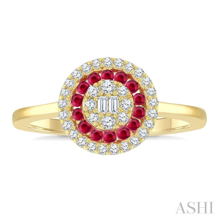 1/4 Ctw Circular Shape 1.35MM Round Cut Ruby, Baguette and Round Cut Diamond Precious Fusion Ring in 14K Yellow Gold