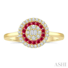 1/4 Ctw Circular Shape 1.35MM Round Cut Ruby, Baguette and Round Cut Diamond Precious Fusion Ring in 14K Yellow Gold