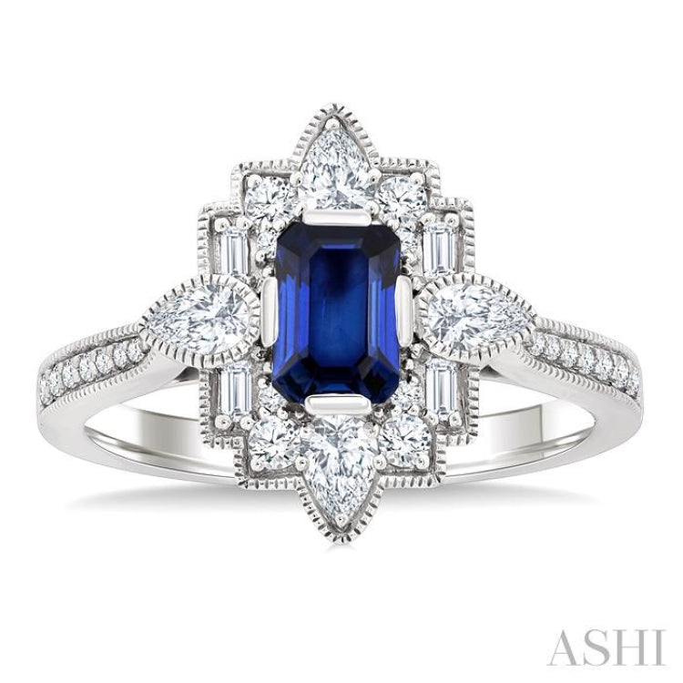 6X4 MM Octagon Cut Sapphire and 5/8 Ctw Art Deco Mixed Diamond Cut Precious Fashion Ring in 14K White Gold