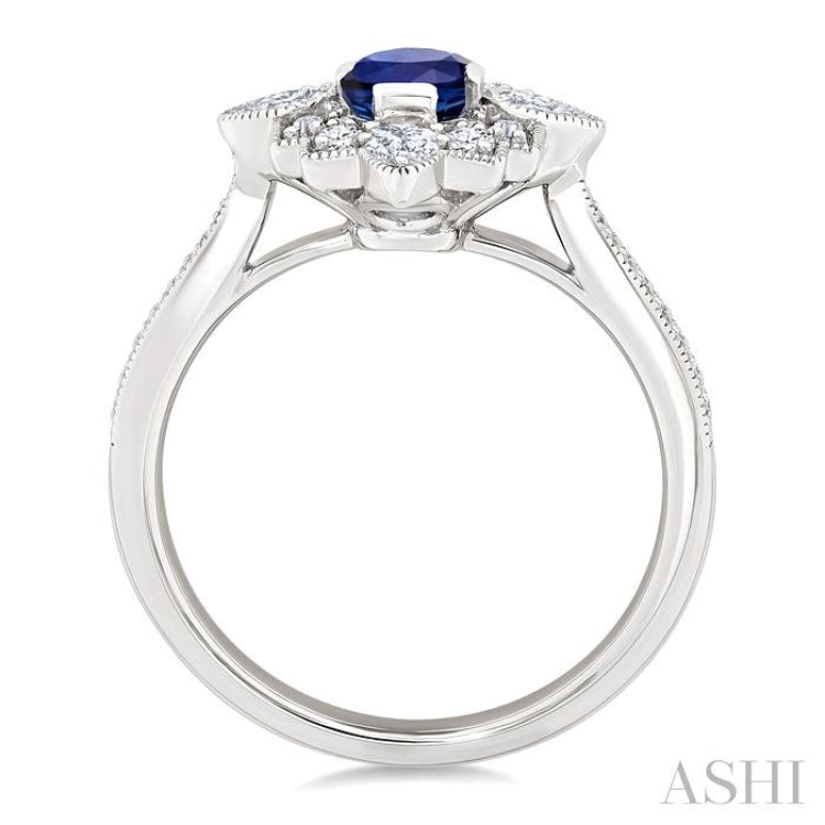 6X4 MM Octagon Cut Sapphire and 5/8 Ctw Art Deco Mixed Diamond Cut Precious Fashion Ring in 14K White Gold