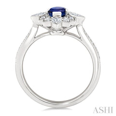 6X4 MM Octagon Cut Sapphire and 5/8 Ctw Art Deco Mixed Diamond Cut Precious Fashion Ring in 14K White Gold