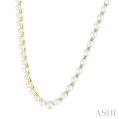 5 MM Cultured Pearl and 1 1/4 Ctw Round Cut Diamond Floral Fashion Necklace in 14K Yellow Gold