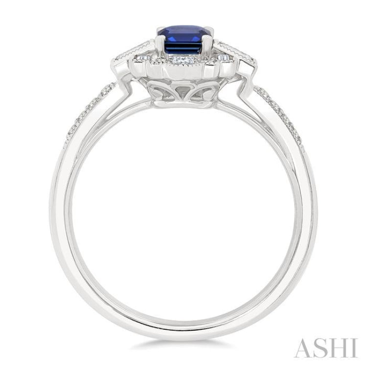 1/3 Ctw Art Deco 6X4MM Octagon Shape Sapphire, Baguette and Round Cut Diamond Precious Fashion Ring in 14K White Gold