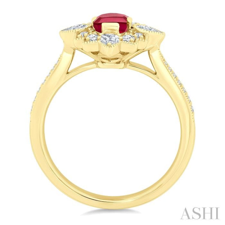 6X4 MM Octagon Cut Ruby and 5/8 Ctw Art Deco Mixed Diamond Cut Precious Fashion Ring in 14K Yellow Gold