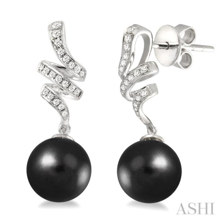 9 MM Black Cultured Pearls and 1/5 Ctw Round Cut Diamond Earrings in 14K White Gold