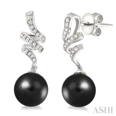 9 MM Black Cultured Pearls and 1/5 Ctw Round Cut Diamond Earrings in 14K White Gold