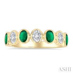 4X3 MM Oval Shape Emerald and 1/2 Ctw Oval Cut Diamond 7 Stone Bezel Set Precious Fashion Band in 14K Yellow Gold