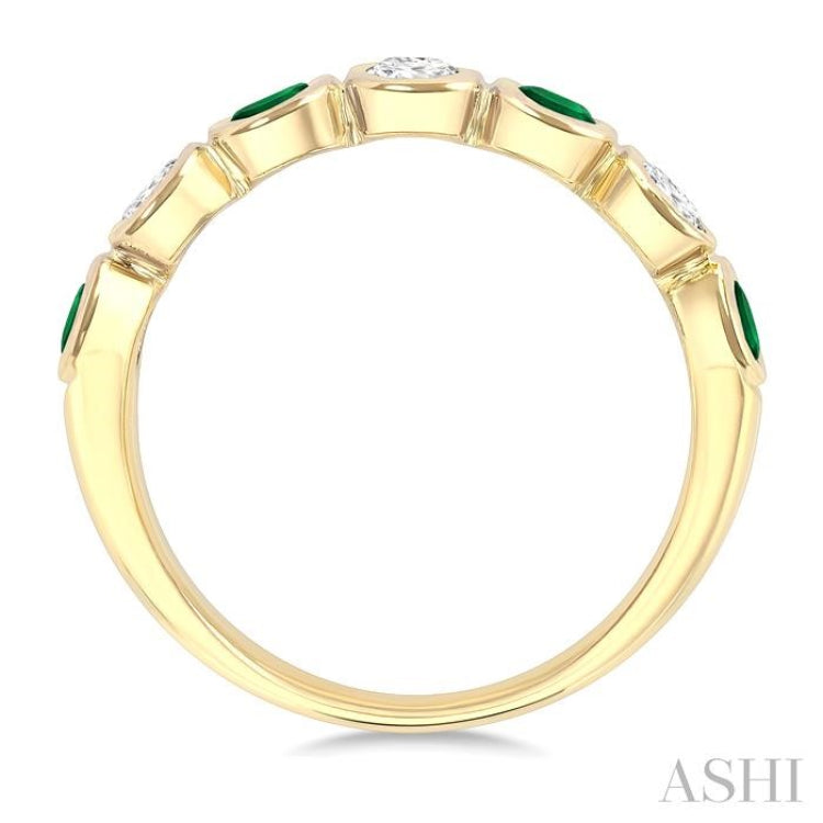 4X3 MM Oval Shape Emerald and 1/2 Ctw Oval Cut Diamond 7 Stone Bezel Set Precious Fashion Band in 14K Yellow Gold
