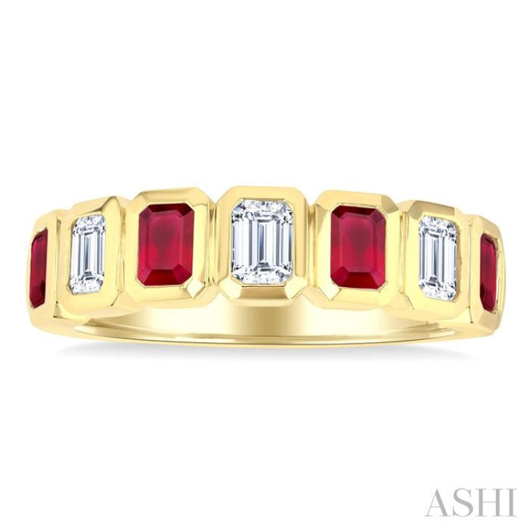 4X3 MM Octagon Shape Ruby and 5/8 Ctw Emerald Cut Diamond 7 Stone Bezel Set Precious Fashion Band in 14K Yellow Gold