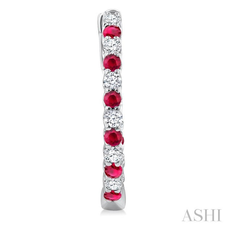 1.8 MM Ruby and 1/2 Ctw Round Cut Inside-Out Diamond Precious Hoop Earrings in 14K White Gold