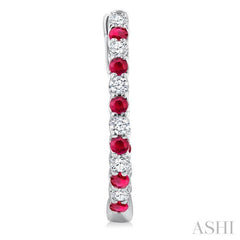 1.8 MM Ruby and 1/2 Ctw Round Cut Inside-Out Diamond Precious Hoop Earrings in 14K White Gold