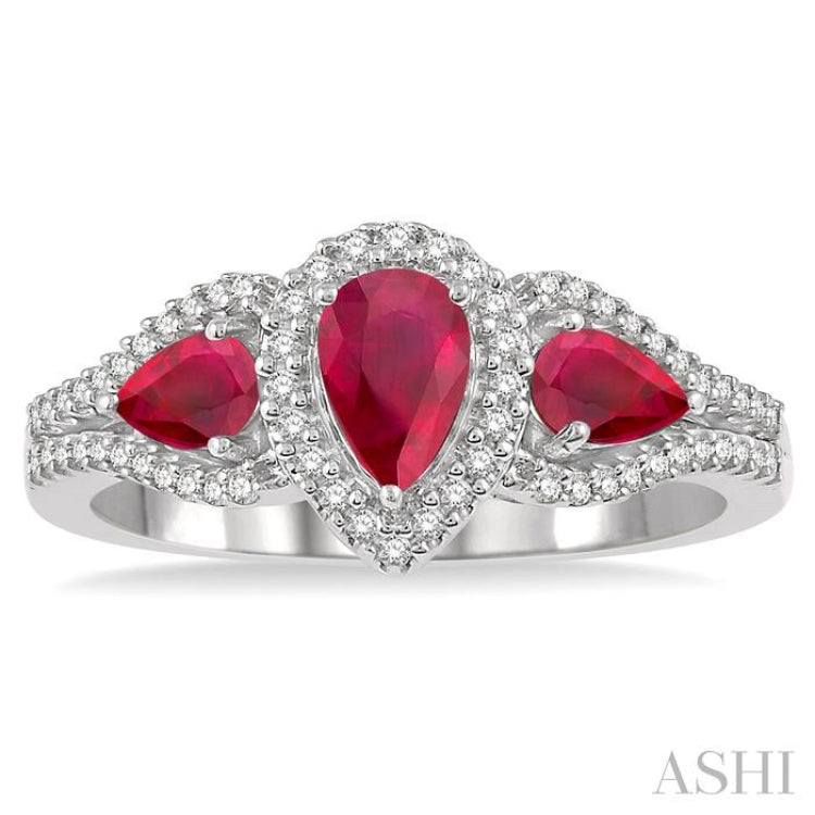 6x4 MM & 5x3 MM Triple Pear Shape Ruby and 1/5 Ctw Round Cut Diamond Precious Ring in 10K White Gold