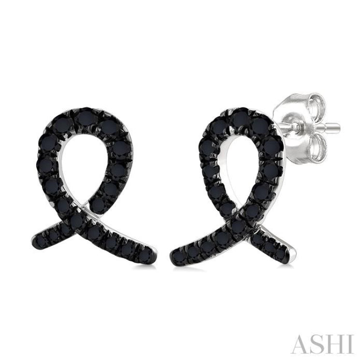 1/3 Ctw Ribbon Loop Round Cut Black Diamond Fashion Stud earrings in 10K White Gold