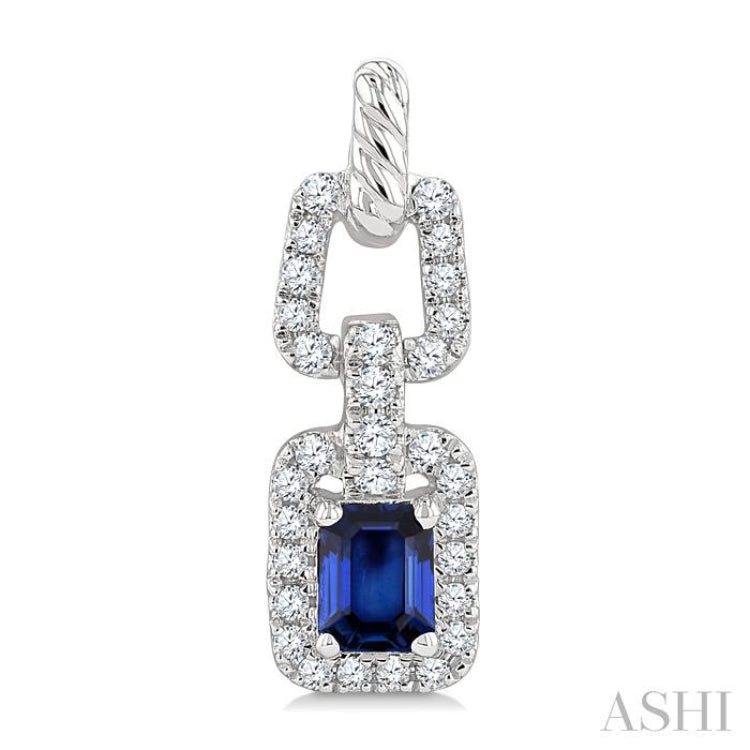 1/4 Ctw 4X3MM Octagon Shape Sapphire and Round Cut Diamond Halo Precious Link Earring in 14K White Gold