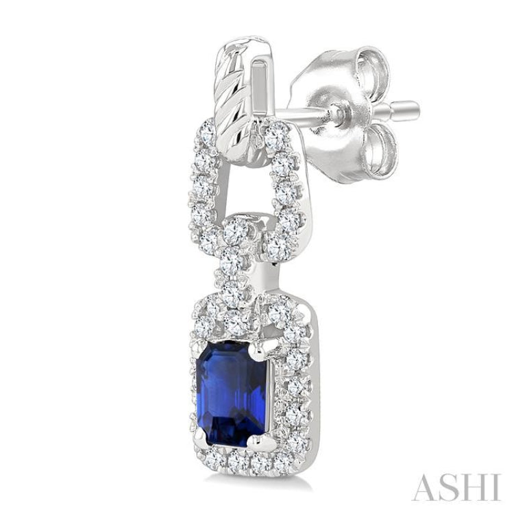 1/4 Ctw 4X3MM Octagon Shape Sapphire and Round Cut Diamond Halo Precious Link Earring in 14K White Gold
