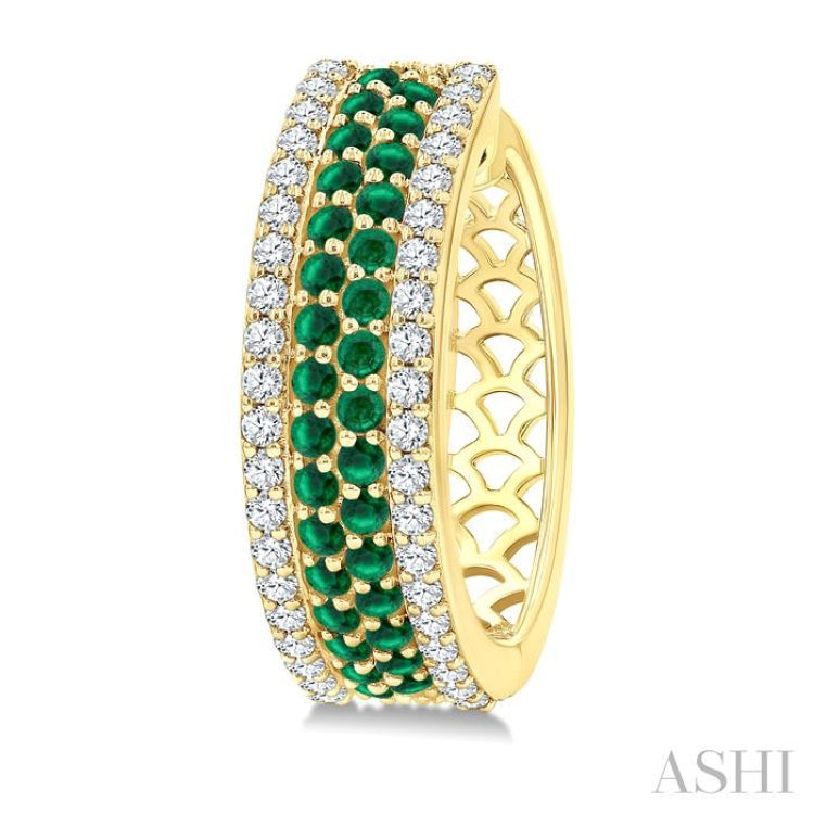 5/8 Ctw Twin Row 1.50MM Round Cut Emerald and Round Cut Diamond Precious Hoop Earring in 14K Yellow Gold