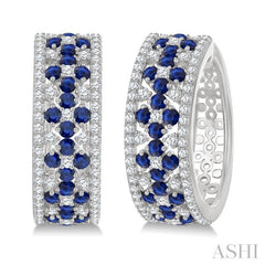 3/4 Ctw Floral Panel 1.80MM Round Cut Sapphire and Round Cut Diamond Precious Hoop Earring in 14K White Gold