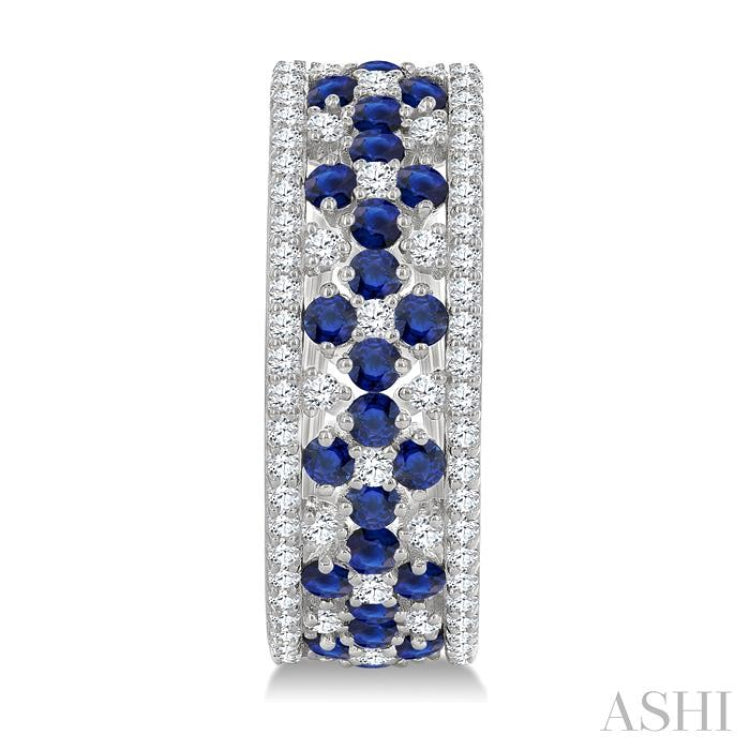 3/4 Ctw Floral Panel 1.80MM Round Cut Sapphire and Round Cut Diamond Precious Hoop Earring in 14K White Gold