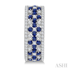 3/4 Ctw Floral Panel 1.80MM Round Cut Sapphire and Round Cut Diamond Precious Hoop Earring in 14K White Gold