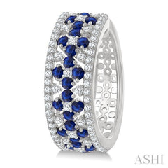 3/4 Ctw Floral Panel 1.80MM Round Cut Sapphire and Round Cut Diamond Precious Hoop Earring in 14K White Gold