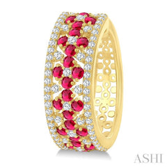 3/4 Ctw Floral Panel 1.80MM Round Cut Ruby and Round Cut Diamond Precious Hoop Earring in 14K Yellow Gold